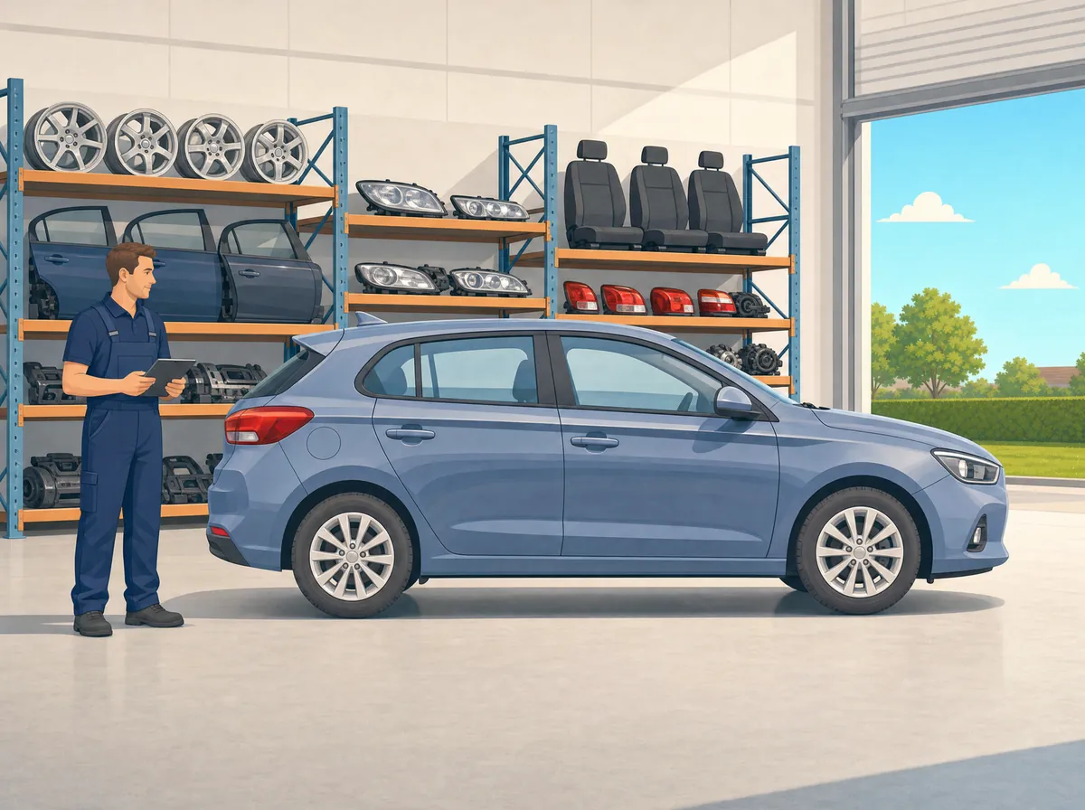 A technician valuing a family hatchback at a clean, licensed recycling centre